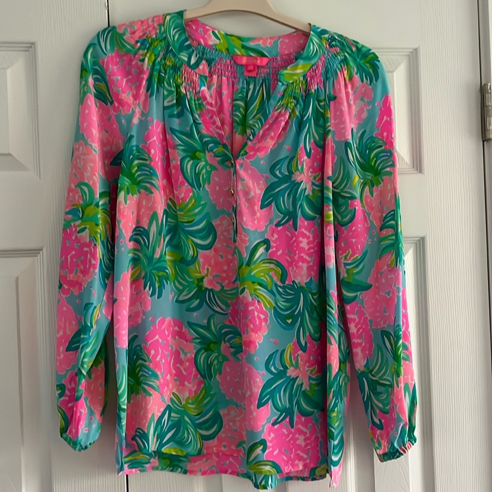 Lilly Pulitzer pink, blue and green shirt with gold buttons